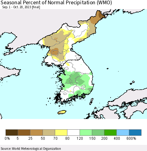 Korea Seasonal Percent of Normal Precipitation (WMO) Thematic Map For 9/1/2023 - 10/20/2023