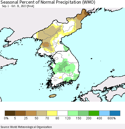 Korea Seasonal Percent of Normal Precipitation (WMO) Thematic Map For 9/1/2023 - 10/31/2023