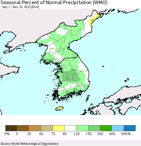 Korea Seasonal Percent of Normal Precipitation (WMO) Thematic Map For 9/1/2023 - 11/10/2023