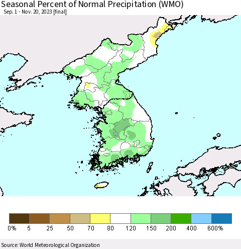 Korea Seasonal Percent of Normal Precipitation (WMO) Thematic Map For 9/1/2023 - 11/20/2023