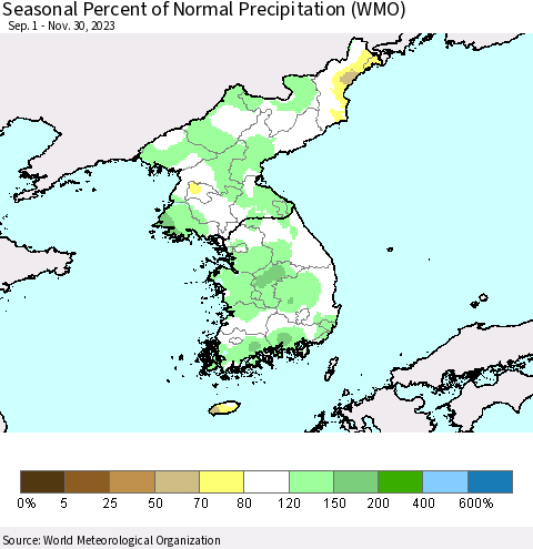 Korea Seasonal Percent of Normal Precipitation (WMO) Thematic Map For 9/1/2023 - 11/30/2023