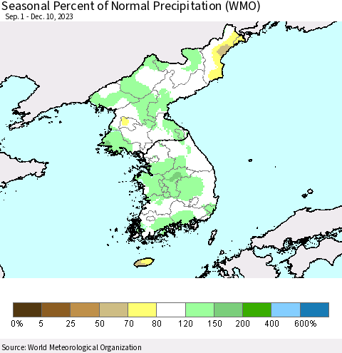 Korea Seasonal Percent of Normal Precipitation (WMO) Thematic Map For 9/1/2023 - 12/10/2023