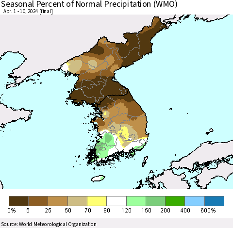 Korea Seasonal Percent of Normal Precipitation (WMO) Thematic Map For 4/1/2024 - 4/10/2024