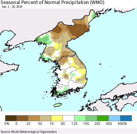 Korea Seasonal Percent of Normal Precipitation (WMO) Thematic Map For 4/1/2024 - 4/20/2024
