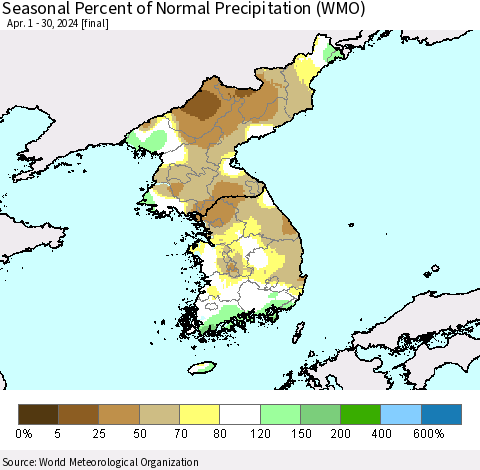 Korea Seasonal Percent of Normal Precipitation (WMO) Thematic Map For 4/1/2024 - 4/30/2024