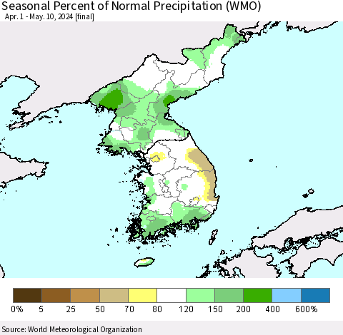 Korea Seasonal Percent of Normal Precipitation (WMO) Thematic Map For 4/1/2024 - 5/10/2024
