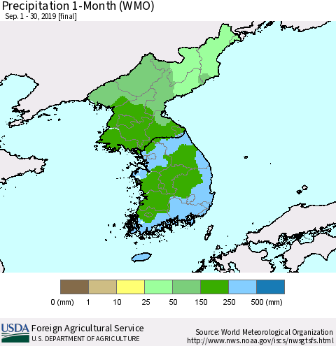 Korea Precipitation 1-Month (WMO) Thematic Map For 9/1/2019 - 9/30/2019