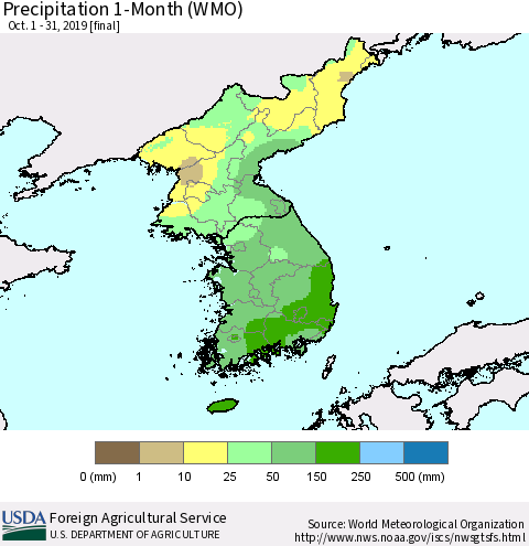 Korea Precipitation 1-Month (WMO) Thematic Map For 10/1/2019 - 10/31/2019