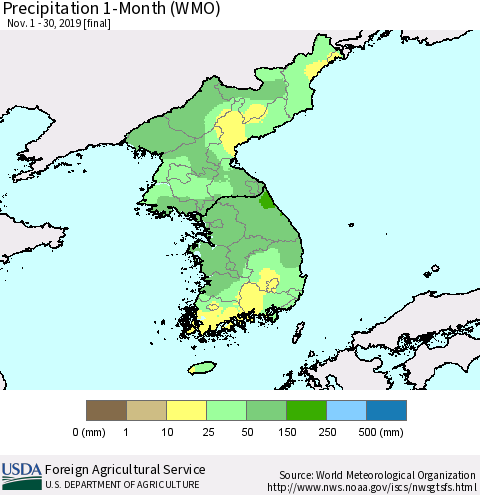 Korea Precipitation 1-Month (WMO) Thematic Map For 11/1/2019 - 11/30/2019