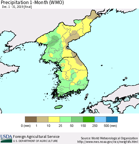 Korea Precipitation 1-Month (WMO) Thematic Map For 12/1/2019 - 12/31/2019