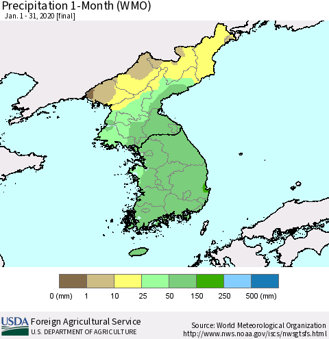 Korea Precipitation 1-Month (WMO) Thematic Map For 1/1/2020 - 1/31/2020