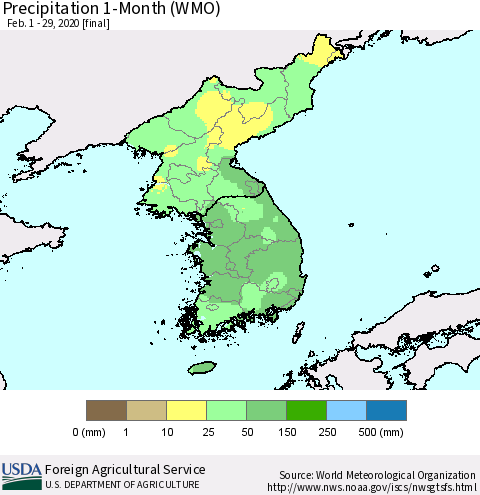 Korea Precipitation 1-Month (WMO) Thematic Map For 2/1/2020 - 2/29/2020