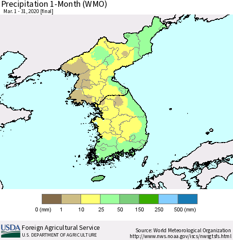 Korea Precipitation 1-Month (WMO) Thematic Map For 3/1/2020 - 3/31/2020