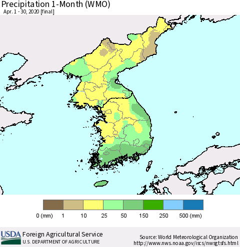 Korea Precipitation 1-Month (WMO) Thematic Map For 4/1/2020 - 4/30/2020