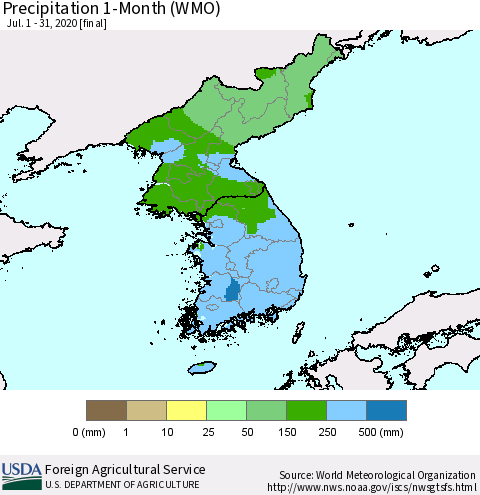 Korea Precipitation 1-Month (WMO) Thematic Map For 7/1/2020 - 7/31/2020