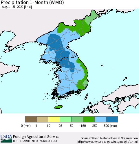 Korea Precipitation 1-Month (WMO) Thematic Map For 8/1/2020 - 8/31/2020