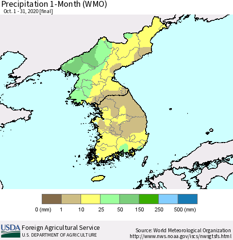 Korea Precipitation 1-Month (WMO) Thematic Map For 10/1/2020 - 10/31/2020