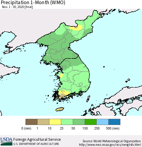Korea Precipitation 1-Month (WMO) Thematic Map For 11/1/2020 - 11/30/2020