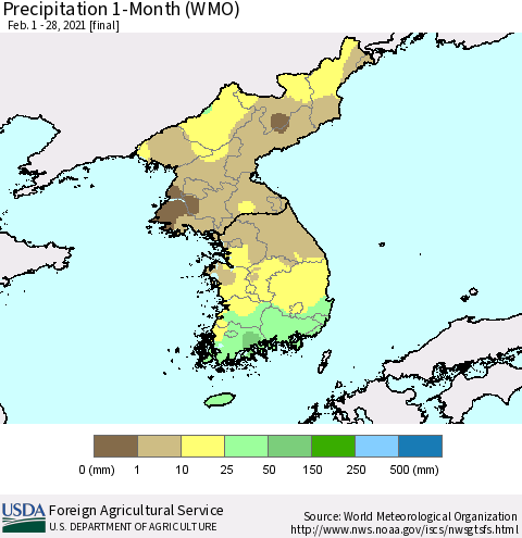 Korea Precipitation 1-Month (WMO) Thematic Map For 2/1/2021 - 2/28/2021