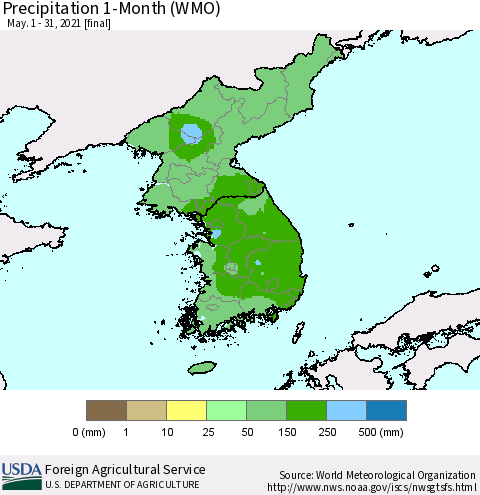 Korea Precipitation 1-Month (WMO) Thematic Map For 5/1/2021 - 5/31/2021