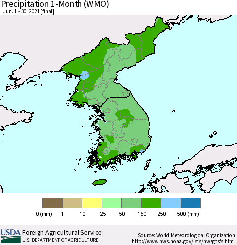 Korea Precipitation 1-Month (WMO) Thematic Map For 6/1/2021 - 6/30/2021