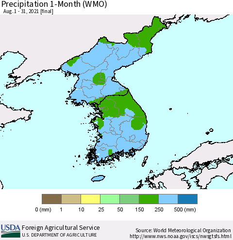 Korea Precipitation 1-Month (WMO) Thematic Map For 8/1/2021 - 8/31/2021