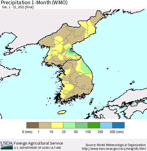 Korea Precipitation 1-Month (WMO) Thematic Map For 12/1/2021 - 12/31/2021