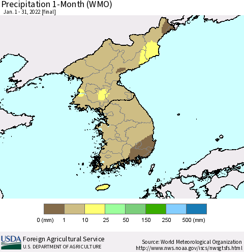 Korea Precipitation 1-Month (WMO) Thematic Map For 1/1/2022 - 1/31/2022