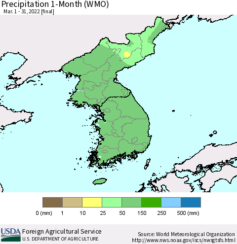 Korea Precipitation 1-Month (WMO) Thematic Map For 3/1/2022 - 3/31/2022