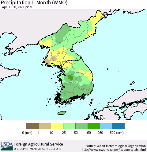 Korea Precipitation 1-Month (WMO) Thematic Map For 4/1/2022 - 4/30/2022