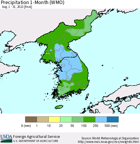 Korea Precipitation 1-Month (WMO) Thematic Map For 8/1/2022 - 8/31/2022