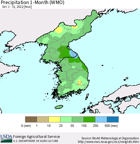 Korea Precipitation 1-Month (WMO) Thematic Map For 10/1/2022 - 10/31/2022