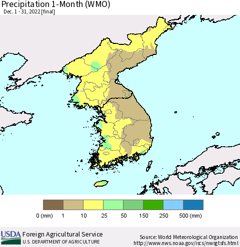 Korea Precipitation 1-Month (WMO) Thematic Map For 12/1/2022 - 12/31/2022