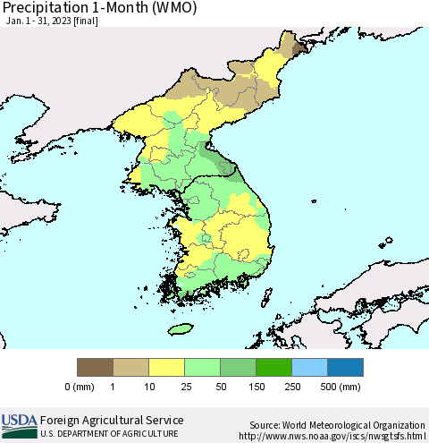 Korea Precipitation 1-Month (WMO) Thematic Map For 1/1/2023 - 1/31/2023