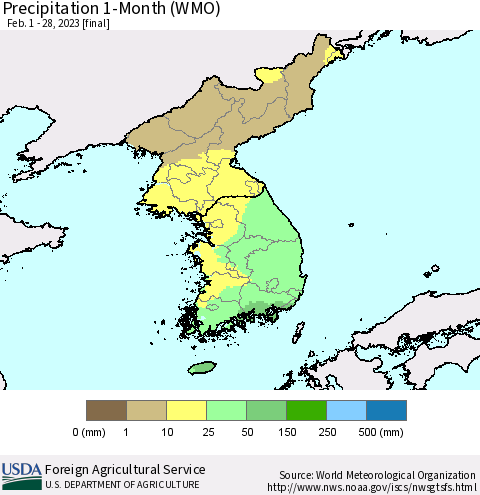 Korea Precipitation 1-Month (WMO) Thematic Map For 2/1/2023 - 2/28/2023