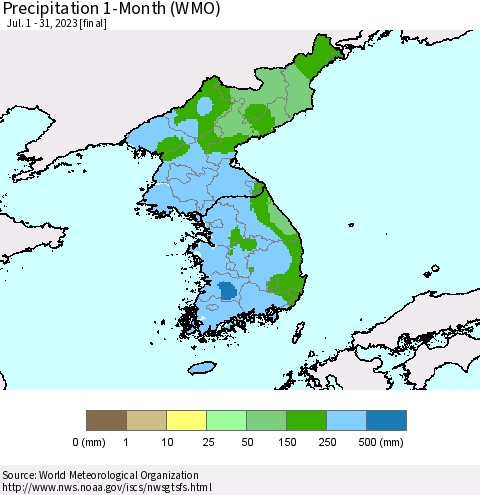 Korea Precipitation 1-Month (WMO) Thematic Map For 7/1/2023 - 7/31/2023