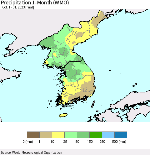 Korea Precipitation 1-Month (WMO) Thematic Map For 10/1/2023 - 10/31/2023