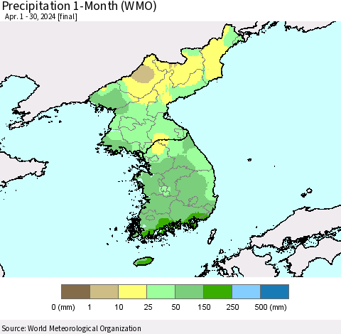Korea Precipitation 1-Month (WMO) Thematic Map For 4/1/2024 - 4/30/2024