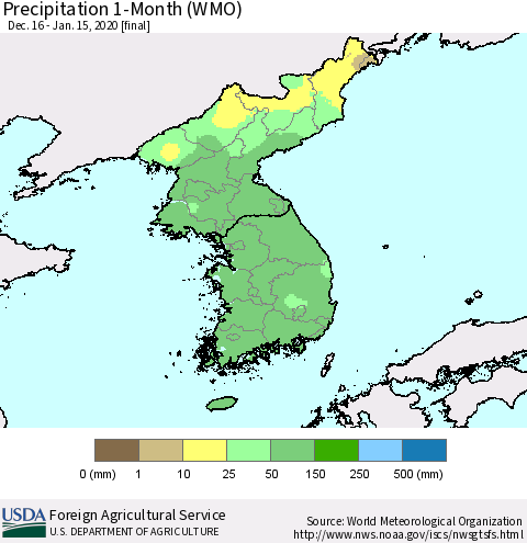 Korea Precipitation 1-Month (WMO) Thematic Map For 12/16/2019 - 1/15/2020