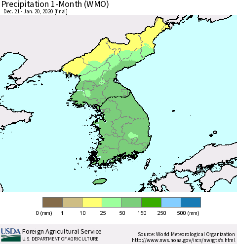 Korea Precipitation 1-Month (WMO) Thematic Map For 12/21/2019 - 1/20/2020