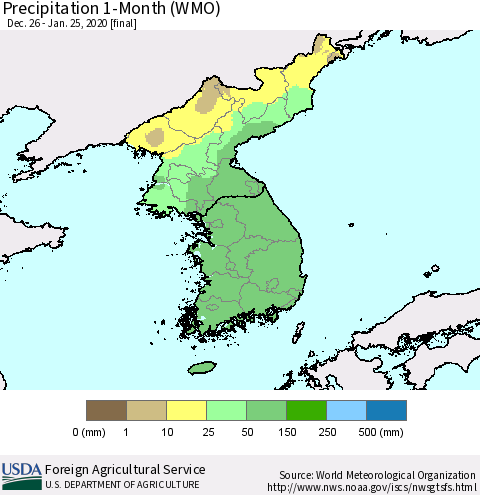 Korea Precipitation 1-Month (WMO) Thematic Map For 12/26/2019 - 1/25/2020