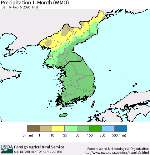 Korea Precipitation 1-Month (WMO) Thematic Map For 1/6/2020 - 2/5/2020