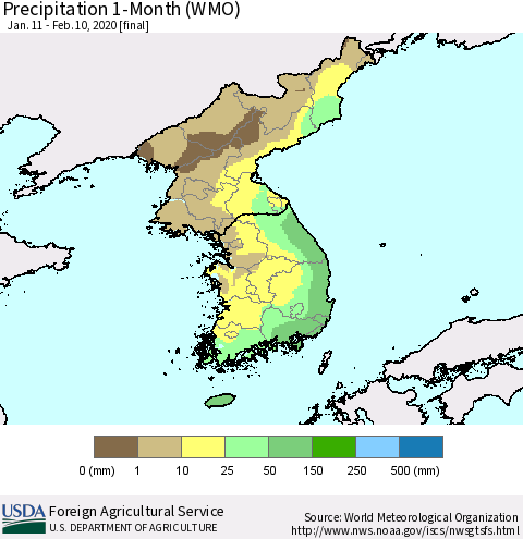 Korea Precipitation 1-Month (WMO) Thematic Map For 1/11/2020 - 2/10/2020