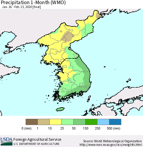 Korea Precipitation 1-Month (WMO) Thematic Map For 1/16/2020 - 2/15/2020