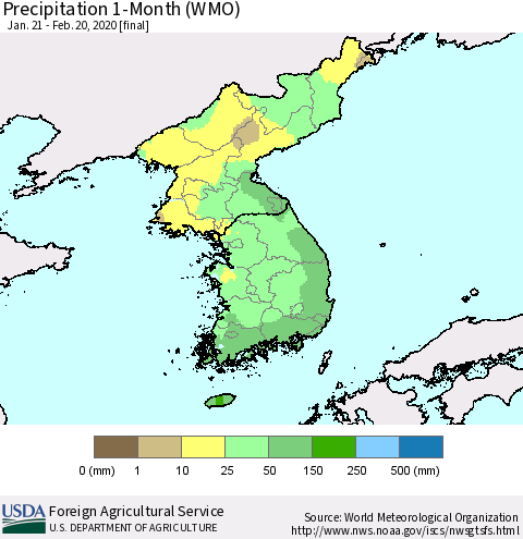 Korea Precipitation 1-Month (WMO) Thematic Map For 1/21/2020 - 2/20/2020