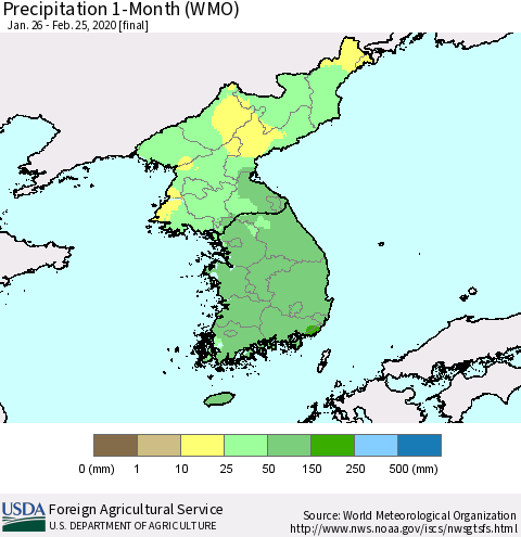 Korea Precipitation 1-Month (WMO) Thematic Map For 1/26/2020 - 2/25/2020