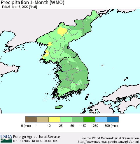 Korea Precipitation 1-Month (WMO) Thematic Map For 2/6/2020 - 3/5/2020