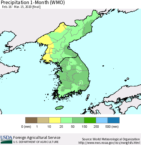 Korea Precipitation 1-Month (WMO) Thematic Map For 2/16/2020 - 3/15/2020