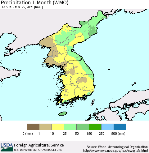 Korea Precipitation 1-Month (WMO) Thematic Map For 2/26/2020 - 3/25/2020