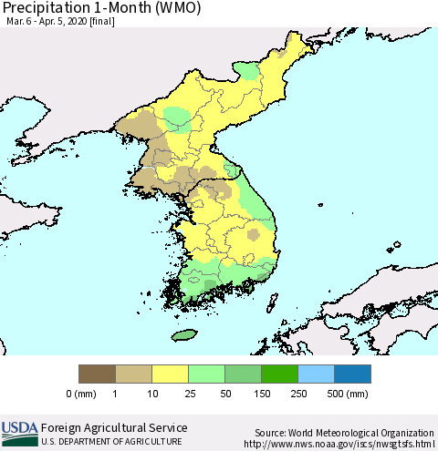Korea Precipitation 1-Month (WMO) Thematic Map For 3/6/2020 - 4/5/2020